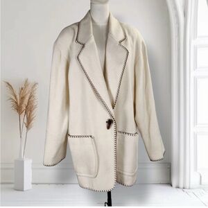 French Country Wool Blend Jacket M Ivory Whipstitch Trim Korea Lined Vintage